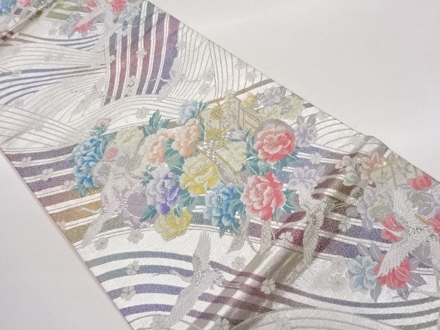 JAPANESE FUKURO OBI / WOVEN CARRIAGE & CRANES